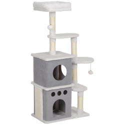 Arranhador para gatos 126 cm com caverna plataformas bolas suspensas e poste de sisal 56x34x126 cm cinza e creme