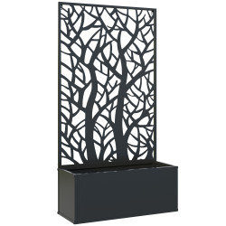 Floreira de metal com ecrã de privacidade com ramos decorativos floreira de parede ou independente 61x23x113 cm preto