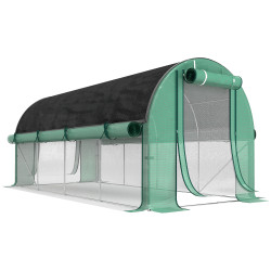 Estufa tipo túnel 447x200x198 cm com paredes laterais enroláveis cobertura extra 8 janelas de malha e 2 portas verde
