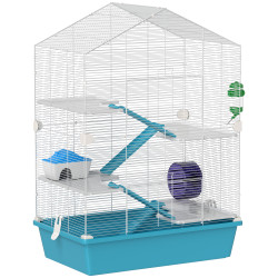 Gaiola para hamster de 5 níveis com plataformas comedouro bebedouro casa rampa e rodas de exercícios 58x36x81 cm azul claro