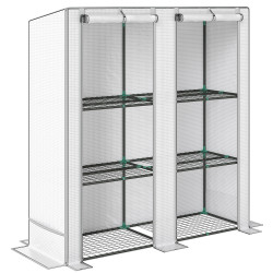 Estufa de exterior pequena com 3 prateleiras 2 portas de enrolar capa de PE e estrutura de aço 144x48x152 cm branco