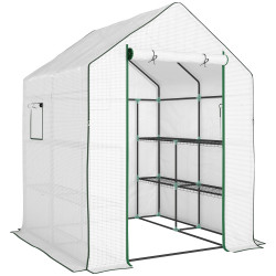 Estufa de jardim pequena de 3 níveis com 6 prateleiras porta enrolável e capa de PE 140x143x190 cm branco