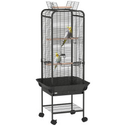 Gaiola para pássaros com rodas poleiros comedouros prateleira e bandeja amovível 62,5x62,5x146 cm cinza escuro