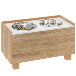 Comedouro para cães elevado com sistema de alimentação lento espaço de arrumação 2 tigelas de 2l de aço inoxidável 60x30x35,5 cm madeira