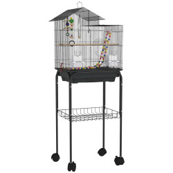 Gaiola para passáros gaiola de metal com portas 4 comedouros 3 poleiros baloiço escadas e bandeja removível 46x36x120 cm preto