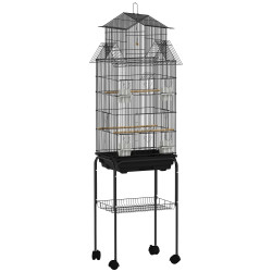 Gaiola de metal para pássaros com bandeja amovível rodas 4 comedouros 3 poleiros e 1 baloiço 50,5x41x163 cm preto