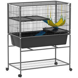 Gaiola para animais pequenos de 3 níveis com rodas rampas e bandeja amovível recinto para roedores 88x48x102 cm cinza escuro