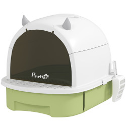 Caixa de areia para gatos fechada com tampa e bandeja amovíveis filtro de carvão e pá 40,5x52x39 cm branco e verde