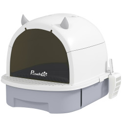 Caixa de areia para gatos fechada com tampa e bandeja amovíveis filtro de carvão e pá 40,5x52x39 cm branco e cinza