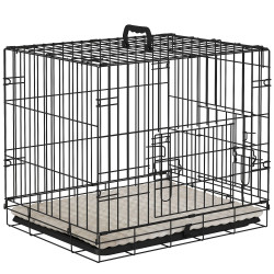 Gaiola para cães dobrável com almofada com 2 portas alça de transporte bandeja removível 60x40x50 cm preto e bege