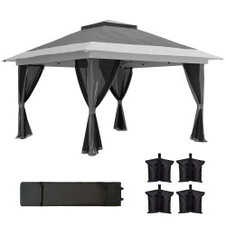 Pérgola dobrável 356x356x280 cm com 4 paredes laterais de malha anti-UV altura ajustável e bolsa de transporte cinza escuro