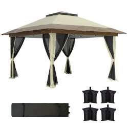Pérgola dobrável 356x356x280 cm com 4 paredes laterais de malha anti-UV altura ajustável e bolsa de transporte bege e marrom