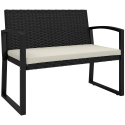 Banco de jardim em vime sintético de 2 lugares banco de exterior com almofada 103x58x78 cm preto e bege