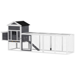 Galinheiro de madeira 297,5x68x118cm para 3-6 galinhas com teto asfáltico porta com trava e caixa ninho branco e cinza