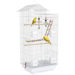 Gaiola para passáros de metal com portas 4 comedouros 3 poleiros baloiço escadas e bandeja removível 46x36x100 cm branco