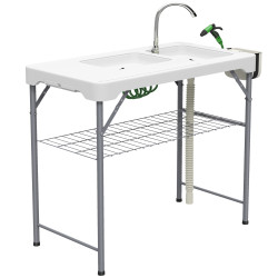Mesa para campismo dobrável mesa com 2 lavatórios mangueira de drenagem estação de limpeza 108x58x92 cm branco
