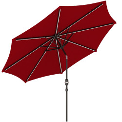 Chapéu de sol para jardim ø292x252 cm com inclinação ajustável até 45° luzes LED solares e manivela vinho