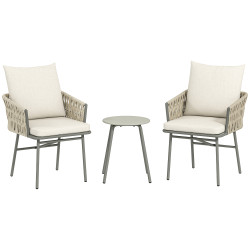Conjunto de jardim de 3 peças com 2 cadeiras com almofadas removíveis e laváveis e mesa com bancada de metal cinza e creme