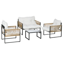 Conjunto de jardim exterior em rattan sintético com 2 poltronas 1 sofá de 2 lugares 1 mesa de centro e almofadas creme
