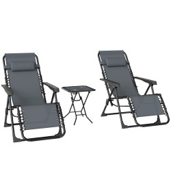 Conjunto de 2 espreguiçadeiras jardim dobráveis com mesa auxiliar porta-copos e encosto ajustável 90x65x110 cm cinza