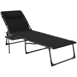 Espreguiçadeira dobrável com encosto ajustável apoio de cabeça bolso lateral bandeja e estrutura em aço 190x60x31 cm preto