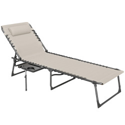 Espreguiçadeira dobrável espreguiçadeira jardim com encosto ajustável apoio de cabeça bolsa lateral bandeja 190x60x31 cm creme