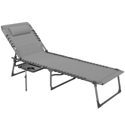 Espreguiçadeira dobrável espreguiçadeira jardim com encosto ajustável apoio de cabeça bolsa lateral bandeja 190x60x31 cm cinza