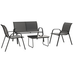 Conjunto de jardim exterior 4 peças com 2 cadeiras empilháveis 1 sofá de 2 lugares e mesa de centro com bancada de vidro temperado preto