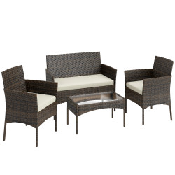 Conjunto de jardim em vime com almofadas móveis de exterior com 2 poltronas sofá de 2 lugares mesa com vidro marrom e bege