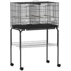Gaiola para pássaros com divisória rodas gaiola para aves com comedouros poleiros e bandeja removível 76x46x116 cm preto