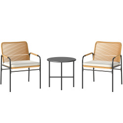 Conjunto de jardim de 3 peças móveis de jardim com 2 cadeiras com almofadas removíveis e laváveis e mesa com bancada de metal madeira e creme