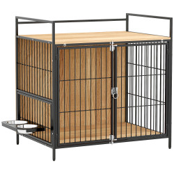 Gaiola para cães mesa auxiliar moderna com suporte giratório com 2 tigelas para cães médios 80x56x76,5 cm madeira e preto