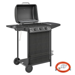 Barbecue a gás com 3+1 queimadores 9,5 kw termómetro grelha recolhedor de gordura e 2 rodas 108x54x97 cm preto