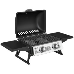 Barbecue a gás com 2 queimadores de aço inoxidável 3 kw prateleiras laterais bandeja e termómetro 101x48x41 cm preto