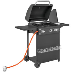 Barbecue a gás com 3+1 queimadores 8,5 kw termómetro mesa lateral grelha recolhedor de gordura 2 rodas 123x57x98 cm preto