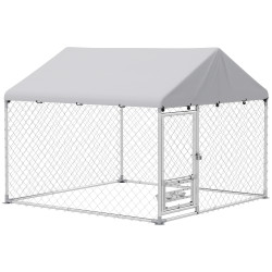 Canil exterior com toldo 2x2x1,54 m gaiola para cães em aço galvanizado com suporte para comida giratório e ajustável prata