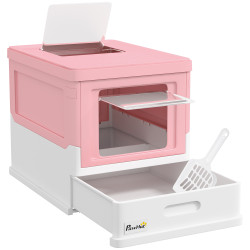 Caixa de areia para gatos dobrável caixa de areia para gatos fechada com bandeja removível e pá 47,5x35,5x36,7cm rosa