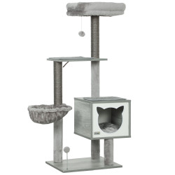 Arranhador para gatos com plataforma rede caverna cama postes de sisal e bolas de brincar 48x40x126 cm cinza