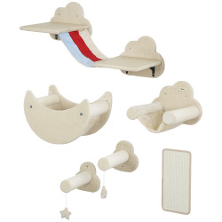 Conjunto de prateleiras de escalada para gatos de 6 peças com rede plataformas escadas tábua de arranhar e poste de sisal bege