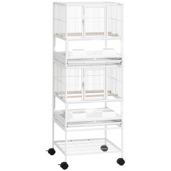 Gaiola para pássaros de 2 níveis com rodas painéis acrílicos comedouros prateleira bandejas amovíveis 48x46x134,5 cm branco