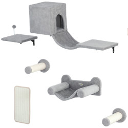 Conjunto de prateleiras de escalada para gatos de 6 peças com placa para arranhar e poste de sisal cinzento