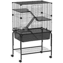Gaiola para pequenos animais de 4 níveis com bandeja inferior rodas rampas comedouro e bebedouro 73x47x123 cm preto