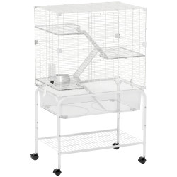 Gaiola para pequenos animais de 4 níveis com bandeja inferior rodas rampas comedouro e bebedouro 73x47x123 cm branco