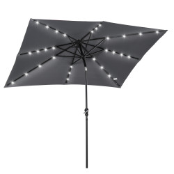 Chapéu de sol com luzes LED 268x205x248 cm chapéu de sol de jardim inclinável até 45° e abertura a manivela cinza escuro