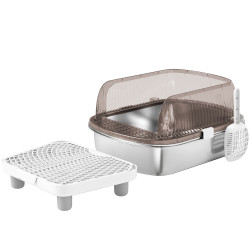 Caixa de areia para gatos fechada com bandeja em aço inoxidável bordas altas pá e degrau para gatos grandes 53x42x27 cm cinzento