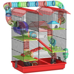 Gaiola para hamster de 5 níveis 47x30x59 cm com túneis tigela bebedouro casinha roda de exercício rampas vermelho