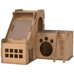 Arranhador para gatos em forma de castelo 2 em 1 com 2 áreas para arranhar catnip rampa e escada 67x66x57 cm castanho