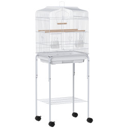 Gaiola para pássaros com rodas prateleira portas 2 comedouros 2 poleiros baloiço bandeja removível 46,5x36x124 cm branco