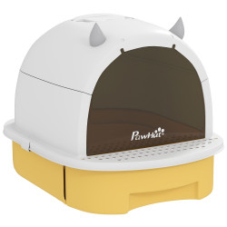 Caixa de areia para gatos fechada com tampa e bandeja amovíveis filtro de carvão e pá 40,5x52x39 cm branco e amarelo