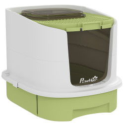 Caixa de areia para gatos fechada com entrada frontal saída superior tampa amovível bandeja e pá 40,5x52,5x42,5 cm verde